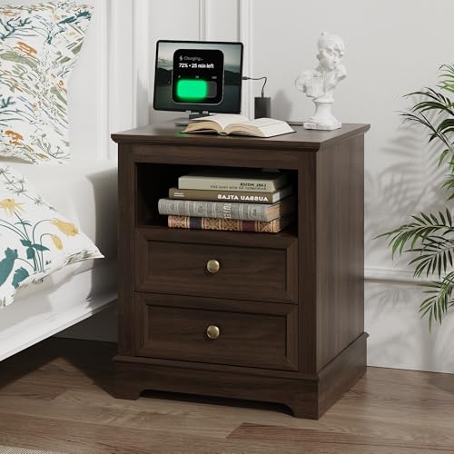 Anunweldo Nachttisch mit Schubladen und Ladestation，Einzeln Nachttisch (braun)