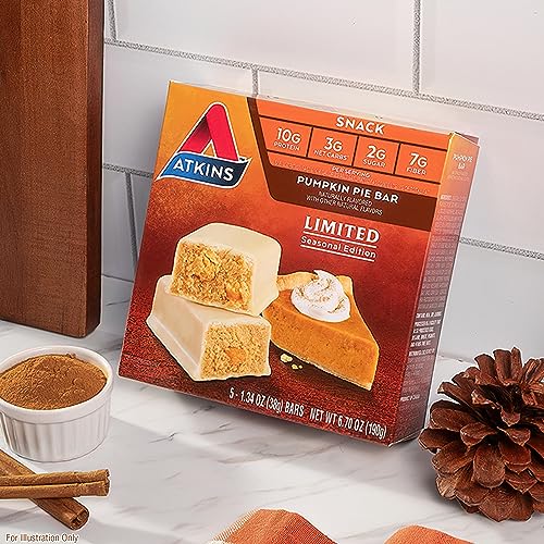 Image of Atkins Pumpkin Pie Snack Bar, 10g Protein, 3g Net Carbs, 5 Count | High Fiber, Great On-the-Go Snack, 2g Sugar, Individually Wrapped, Delicious Pumpkin Flavor