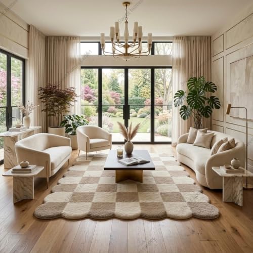 Image of Carpet for Homes Checkered Area Rug | Soft & Fluffy Irregular Carpet with Anti-Skid Backing, 8 x 8 Feet (244 x 244 cm), Beige