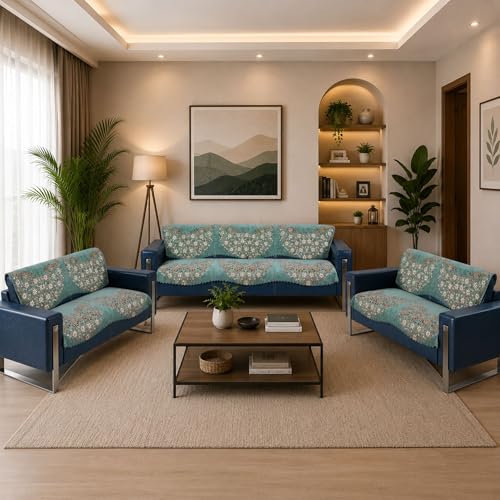 Image of Premium Chenille Woven Anti-Slip 7 Seater Sofa Cover | L-Shape Sofa Seat Protector for Living Room | Durable & Stylish Slipcover - Teal Phoolkari