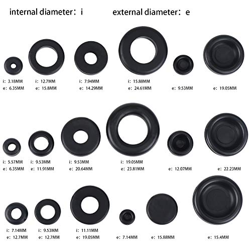 Aussel 18 Größen 125 Stück Schwarze Gummidichtung Elektrische Leiterdichtung Ring Sortiment Kit zum Schutz von Drähten, Steckern und Kabeln (125PCS)