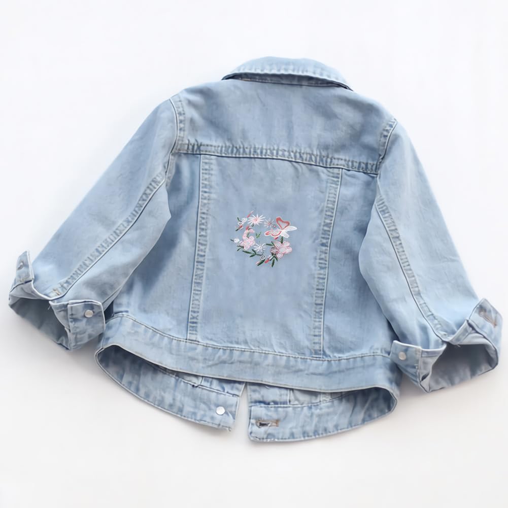 Veste en Jean Enfant Fille Manteau en Denim Brodé Blouson Trench-coat à Col Revers pour Printemps Automne