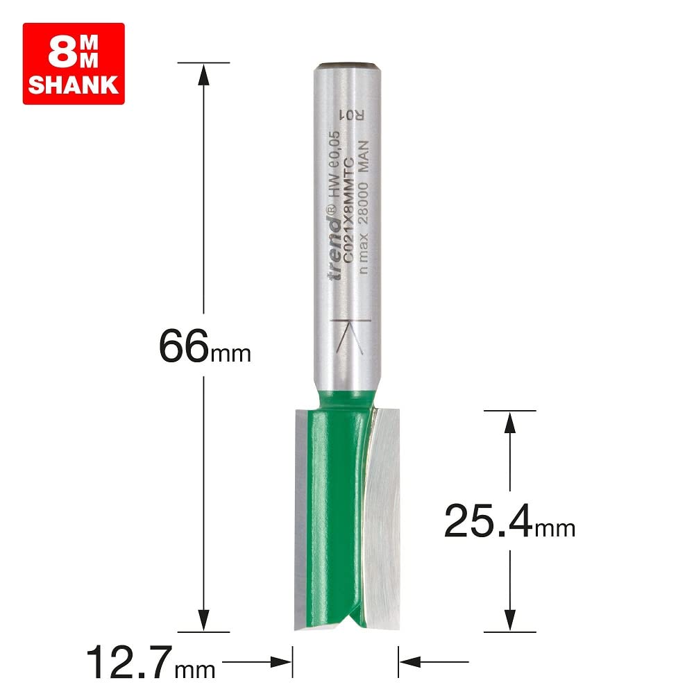 Trend CraftPro C021X8MMTC Double Flute Router Bit 8mm Shank 12.7mm Cutting Diameter 25.4mm Cutting Length Carbide Tipped - Image 2