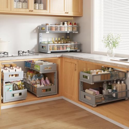 Image of 1 Pack 19IN Depth Under Sink Organizer, 2-Tier Pull Out Cabinet Organizer With Smooth Circular Rail, Large Capacity Metal Mesh Sliding Drawers For Bathroom& Kitchen Storage,Height Adjustable-Gun Gray