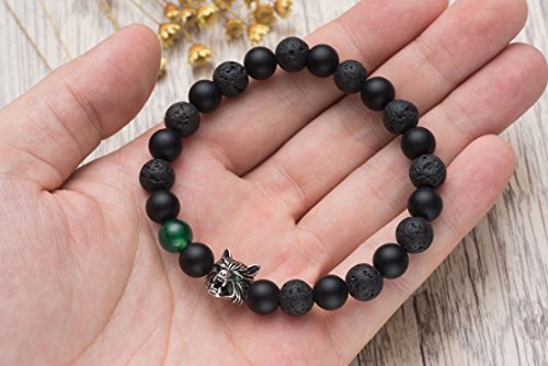 Karseer Antique Silver Viking Wolf Healing Crystal Stress Relief Anti Anxiety Onyx And Lava Energy Stone Bracelet Personalized Single Green Agate Bead Ornament Reiki Animal Friendship Jewelry Gift #TOP3