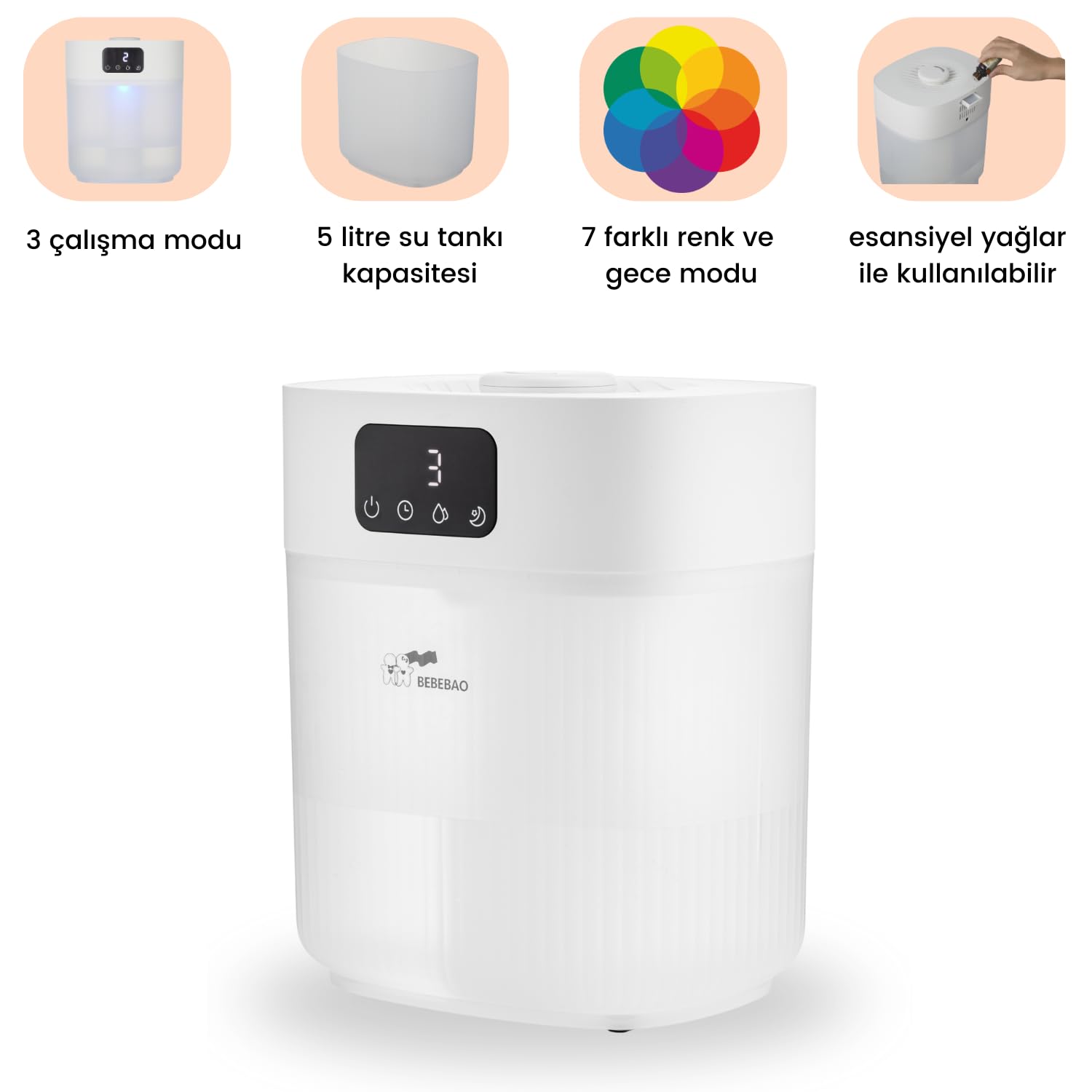 Bebebao Pufi 5lt Ultrasonik 7 Renkli Buhar Makinesi Hava Oda Ortam Nemlendirici Dokunmatik Panel Aromatik Yağ Hazneli