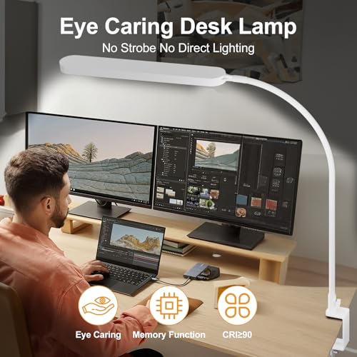 Image of SKYLEO Led Desk Lamp - 33.5 inch Desk Light - Flexible Gooseneck - 5 Color Modes X 11 Brightness Levels - 1300LM - Timmer & Memory Function - 12W Clip on Light - White