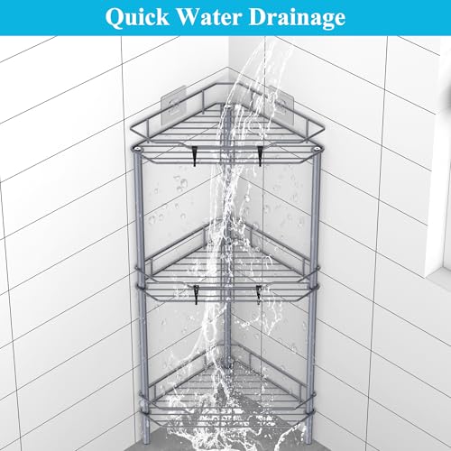 Image of HuggieGems 3 Tier Floor Standing Corner Shower Caddy Organizer Shelf with Hooks, Bathroom Shelves Stand Rack, Dark Gray