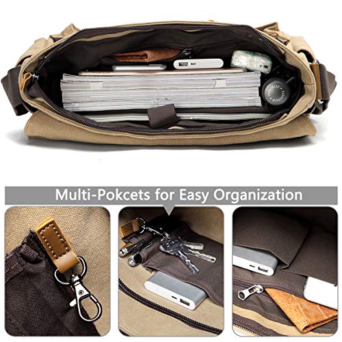 VASCHY Messenger Bag for Men, Vintage Water Resistant Waxed Canvas Satchel 15.6 inch Laptop Briefcase Shoulder Bag with Padded Shoulder Strap Camel