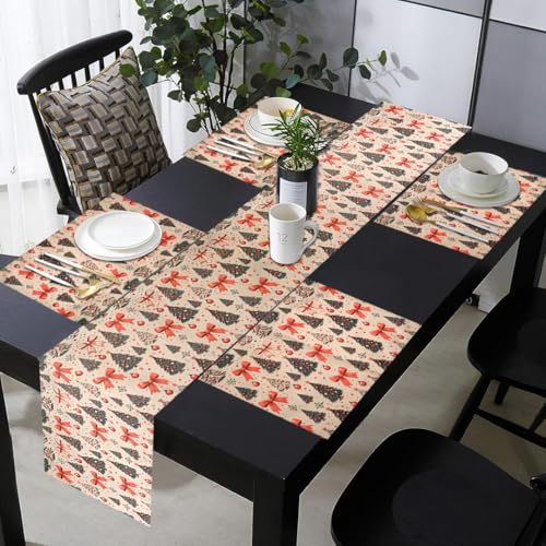 Image of Dining Table Mats Set of 4 with 135 cm Runner - Christmas Tree Red Bow Theme,Digital Print, Washable, Indoor /Outdoor, Heat-Proof, Wipe & Clean (47X33 cm) Olive & Green