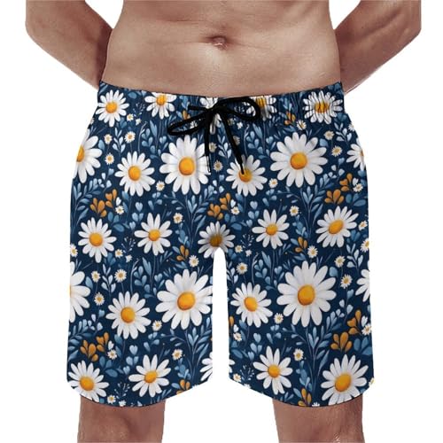 Hawaiian Shorts for Men - White Daisy Floral Print Quick Dry Mens Swim Trunks Bathing Suits with Mesh Lining