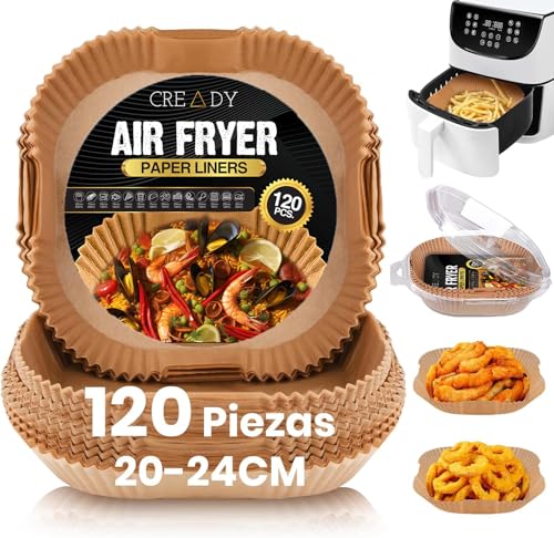CREADY® Papel Premium Para Freidora de Aire 120 Piezas Extra Grueso [20-24CM] | Accesorios Sin Aceite | Cuadrado | Moldes Desechables | Air Fryer Cosori 5,5 y Más