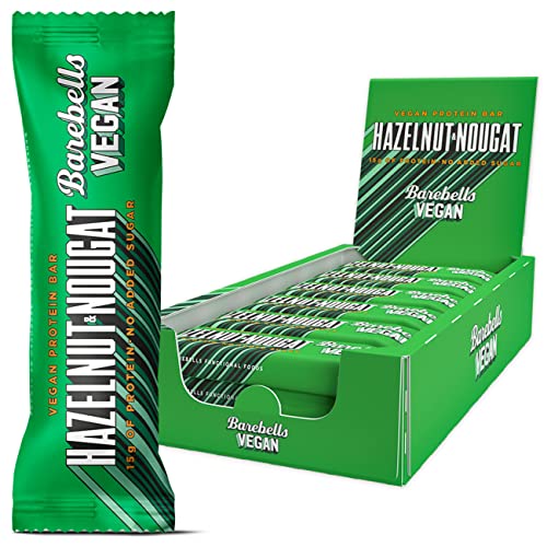 Barebells Proteinriegel, Schokoriegel mit 15 g Protein und wenig Kohlehydraten, kalorienarme Snacks nach dem Training, 12 x 55 g (Haselnuss-Nougat vegan)