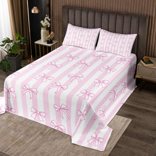 Erosebridal Pink White Bow Bedspread Sets Queen,Kawaii Princess Quilt Set for Kids Girls Teen,Cute Dreamy Bowknot Coverlet Sets Watercolor Bow Geometric Stripe Bed Set