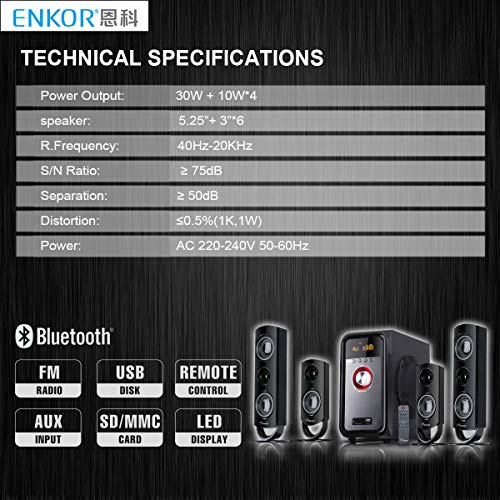 Image of ENKOR EK4868BT 4.1 Channel Bluetooth Home Theater Speaker System with 30W 5.25' Subwoofer, 3' Center & Full Range Speakers, Surround Sound, FM /USB /SD /HDMI, Karaoke, Black