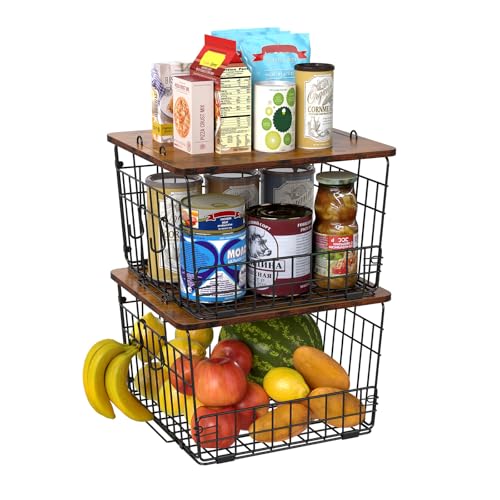 Delamu 2 Pack Stackable Fruit Basket, Pantry Organizer and Storage with Wood Top, Kitchen Counter, Cabinet Shelf Under Sink Organizing for Food Snack, Onion, Potato, Bread Storage, Produce