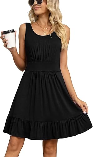 Yommay Damen Sommer Kleider Lässige Mode U-Ausschnitt Kurze Kleid Ärmelloses Strandkleid Elegant Midikleid,Schwarz,XL Yommay Damen Sommer Kleider Lässige Mode U-Ausschnitt Kurze Kleid Ärmelloses Strandkleid Elegant Midikleid,Schwarz,XL