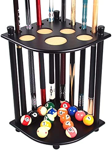 TORPSPORTS Solid wood Pool Cue Rack -Floor Stand Holds 8 Pool Billiard Stick Freestanding Billiard Cue Racks (Black)