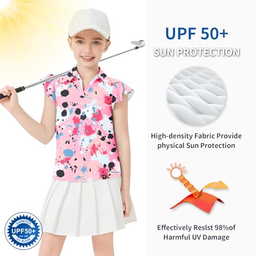 Image of Soneven Girls Ruffle Sleeve Polo Shirts V-Neck Golf Tennis T-Shirts Uniform Shirts Quick Dry for 4-14 Years