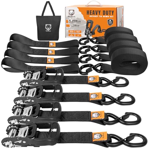 4 Pack Ratchet Straps Heavy Duty Powersports Tie Downs Load Straps 5208lbs Break Strength 1.5in x 15ft with Safety S Hooks and Soft Loops for Motorcycle Truck Cargo Roof Rack Break Strength Black