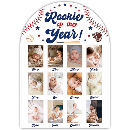 UIBOVA Baseball My First Year Photo Board, Rookie Of The Year Baby Milestone Signs for Boys Girls Nursery Decor, 12 Month Wooden Picture Board for 2x3 Photos, Best Babies Keepsake Gifts-A09