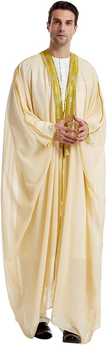 FYMNSI Men's Robe Muslim Clothes Kimono Loose Abaya Dresses Long Sleeve Embroidered Chiffon Kaftan Casual Formal Dubai Thobe