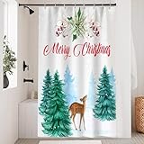 Uiiooazy Duschvorhang 120x200cm, Duschvorhang Anti Schimmel Winter Weihnachten Grüne Blätter Waldmotiv Tiere Duschvorhänge Stoff Waschbar Wasserdicht Polyester Bad Vorhang mit 8 Haken für Badezimmer