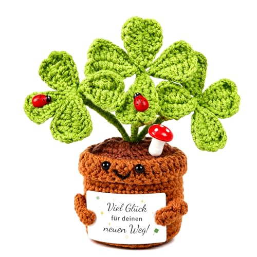 YIYAOSAN Abschiedsgeschenk Kollegen Glücksbringer Geschenk für Neuer Job Pocket Hug Positive Gestrickte Glücksklee Gehäkelte Blumen Abschied Kollegin Geschenk Viel Glück Häkelblumen für kollegen