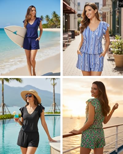 Image of Smismivo Swim Romper with Built in Bra and Pockets Swim Dress Modest One Piece Swimsuit Full Coverage Bathing Suit