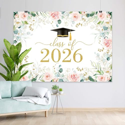 Joliaco 2026 Graduation Party Backdrop Blush Pink Floral Class of 2026 Congrats Grad Background Greenery Graduation Prom Party Cake Table Decorations Photo Booth Props (7x5ft) by Joliaco - Used condition - Image 4