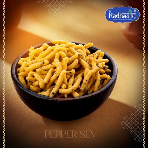 Image of Sri Radhaa's Pepper Sev | Crispy Sev Snack with Bold Pepper Flavor | Crunchy Indian Namkeen Perfect for Evening Tea & Snacking Pack of 2 * 150 Gram Combo Pack
