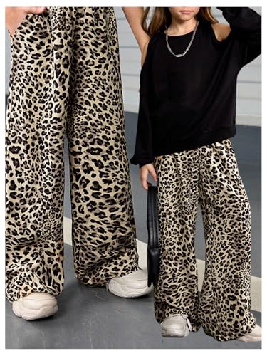 Image of Floerns Girl's Leopard Print Patched Drawstring Waist Wide Leg Y2k Pants