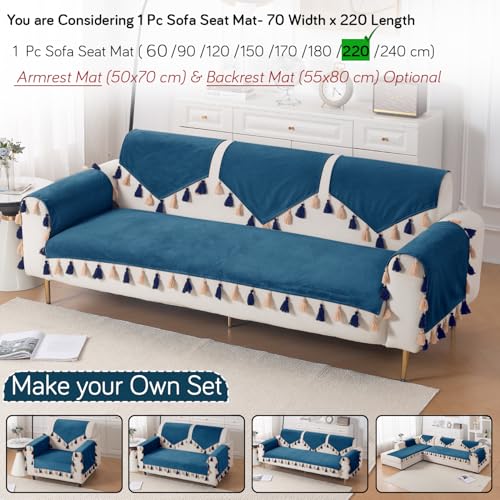 Image of HOKIPO Premium Holland Velvet Sofa Cover with Tassel for 1 /2 /3 Seater & L Shape Sofa | Make Your Own Set, 'TasselTone Series' Sofa Mat, 70(W) x 220(L) cm, Sea Blue (IN-1110-BL)