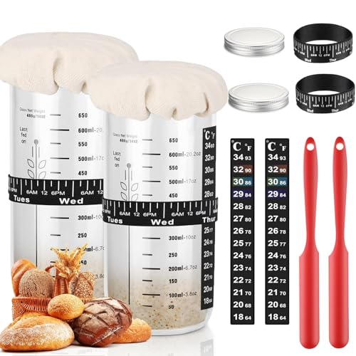 Catálogo de Masa del mes. 42 2 Tarro de Inicio de Masa Madre de 24 oz, Kit de Suministros para Hornear Pan de Masa Madre con Unidades de ml y oz, Banda de Temperatura, Raspador, Tapas,Fermentadora de Pan para...