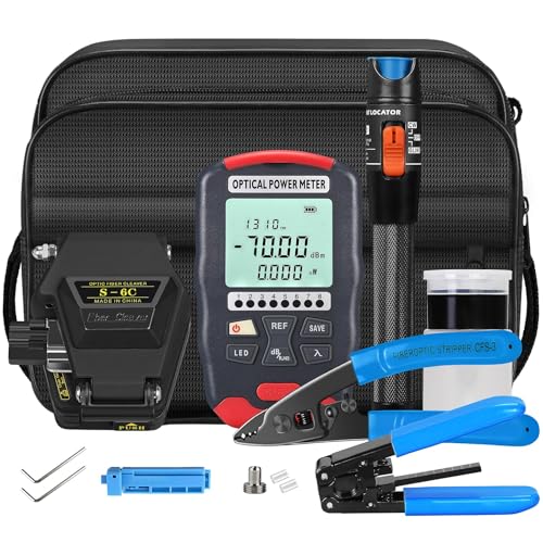 Fiber Optic Terminal kit 9-in-1 FTTH Tool kit Equipped with S-6C Optical Fiber Cleaver and high Precision Optical Power Meter D7 (-70~+10dBm) Well as Wire Stripper Fibre Tool kit