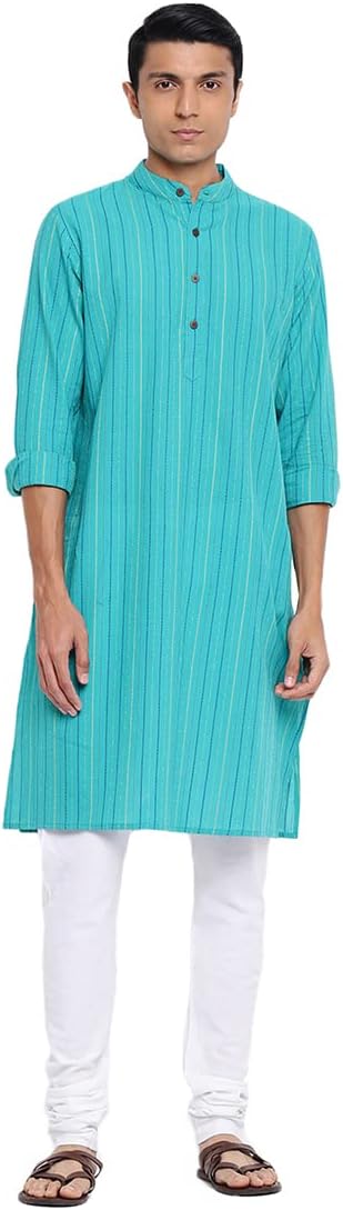 Men Cotton Dobby Printed Long Kurta Teal