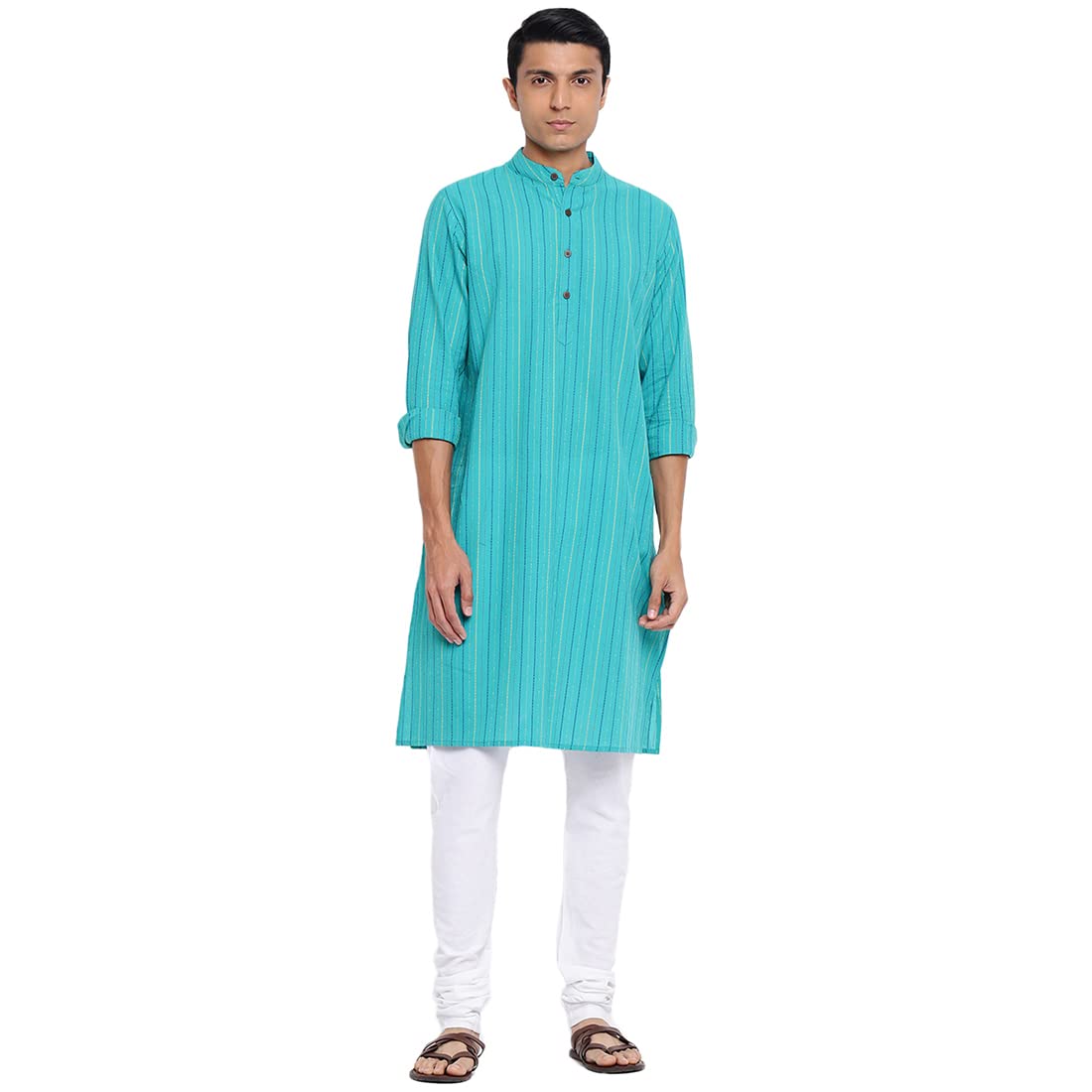 Fabindia Men Cotton Dobby Printed Long Kurta Teal_Xs