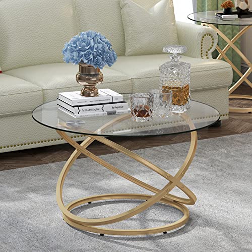 Oiog Round Coffee Table, Glass Coffee Tables For Living Room, Modern Coffee Table With Tempered Glass Tabletop, Gold Finish #TOP6