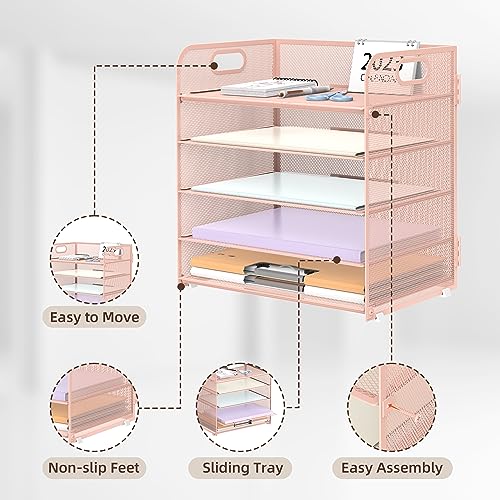 Image of Supeasy 5 Trays Paper Organizer Letter Tray with Handle-Mesh Desk File Holders, Paper Sorter Desk Organizer for Office, Home, Classroom or School, Pink