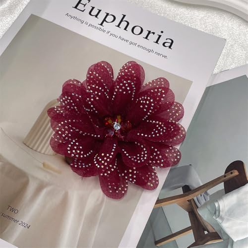 Image of Rhinestones Flower Fabric Big Brooches Lapel Pins for Women Elegant Organza Floral Brooch Pin for Dresses Suit Wedding Banquet Clothes Accessories Fashion Jewelry 130mm