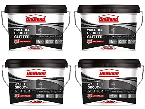 UniBond - Mortero para juntas de azulejos de pared negro con destellos plateados, listo para usar, aplicable en todos los interiores, triple protección contra el moho, 4x 1.38 Kg de baldes