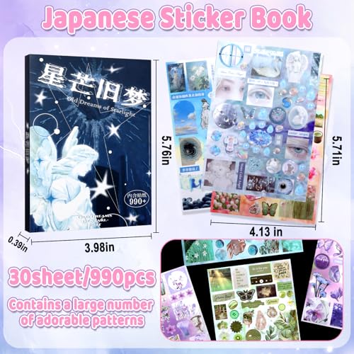Image of 990Pcs Cute Scrapbook Stickers Travel Y2k Japanese Sticker Book for Adult Kawaii Korean Stickers for Journaling Laser Aesthetic Sticker Glitter Toploader Decor for DIY Card Art Craft 30 Page Starburst