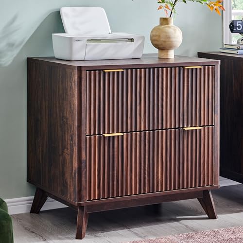 T4TREAM Fluted File Cabinet, 30' Lateral File Cabinet w/Files Hanging Rod for Letter/Legal/A4, Large Tabletop for Printer, Wood Filing Cabinets for Home Office, Walnut