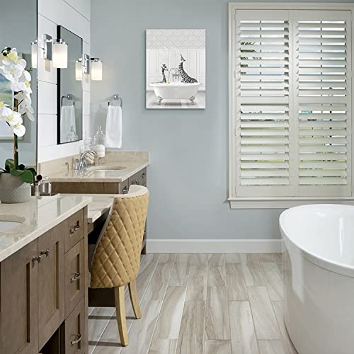 Soothan Canvas Wall Art Print Funny Bathroom Wall Decor Happy Giraffes With Yellow Duck In Bathtub Picture Painting Black White Illustration Artwork For Home Bathroom Decor Framed Ready To Hang 12X16 #TOP3