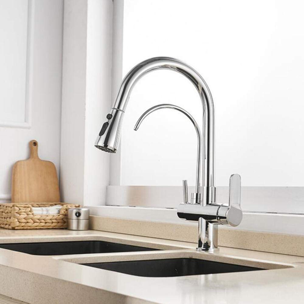 Grifo de Cocina 3 en 1 con Grifo Giratorio de un Solo Orificio para Fregadero de Cocina, Agua Pura, Caliente y fría, Color Negro (Color: Nero)
