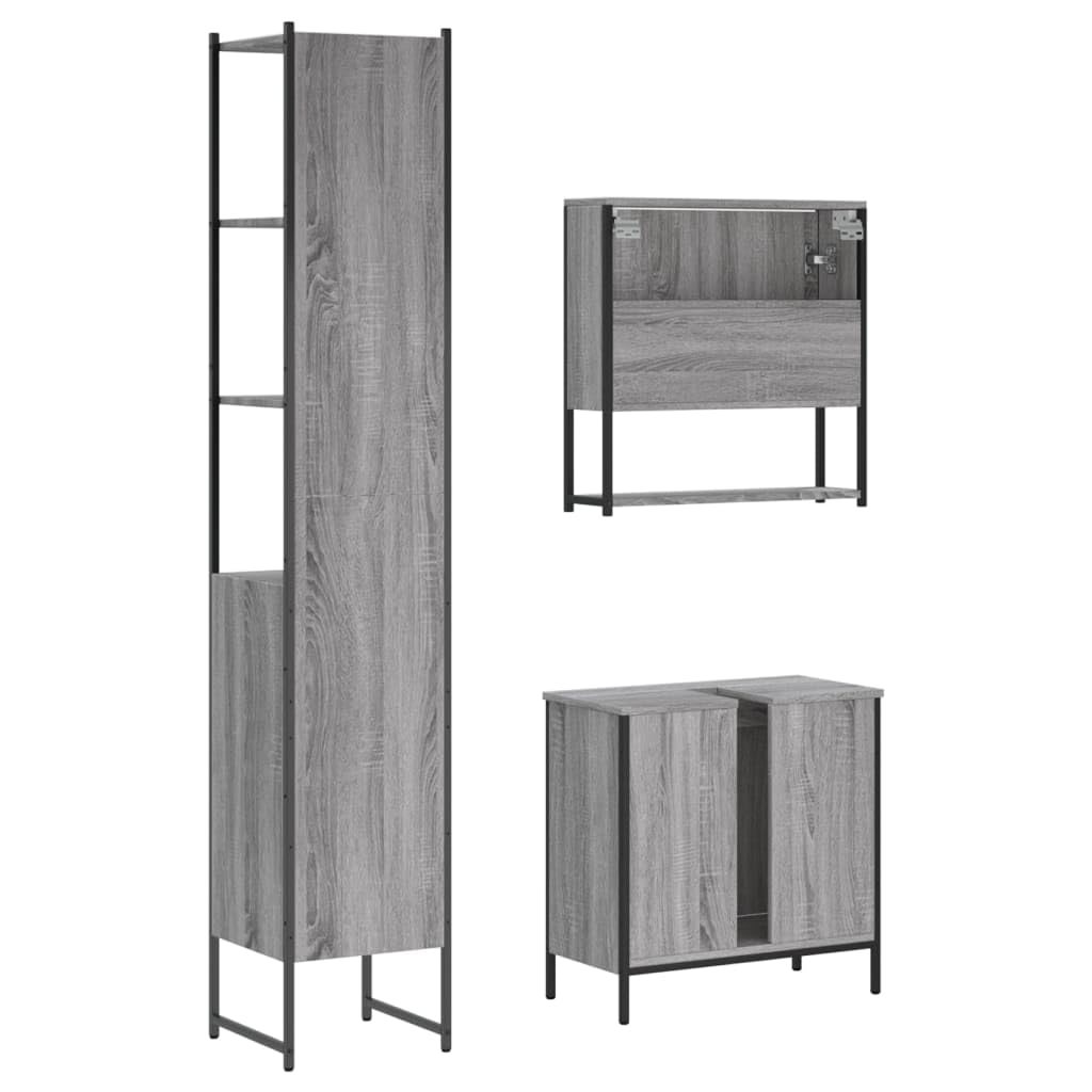 3-TLG. Badmöbel-Set Grau Sonoma Holzwerkstoff mit Spiegelschrank und Waschbeckenunterschrank, viel Stauraum, wandmontierbar, klare Glas-Spiegelfläche für Make-up und Rasur
