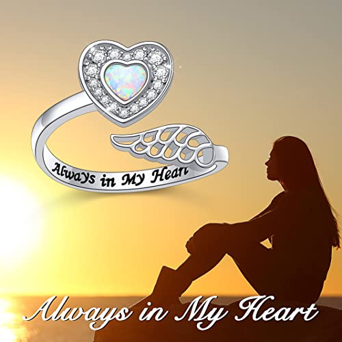 925 Sterling Silver Angel Wing Ring for Women Girls Mother Daughter Jewelry Hug Heart Ring with Message Wrap Open Ring Lap Opal Rings Adjustable Size2