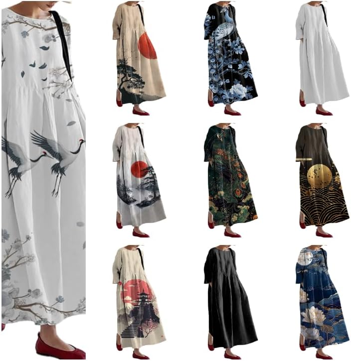 Womens Plus Size Dress Casual Chinese Art Painting Japanese Style Crew Neck Trendy Summer Dress