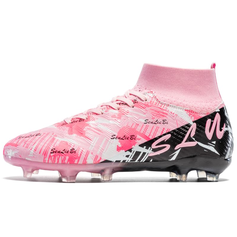 High Top Soccer Cleats, Professional Training Shoes, Anti-Slip Rubber Sole, Pink/Black, Long Spikes for Grass Field