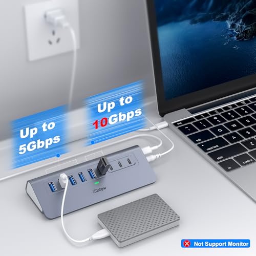 Image of Powered USB Hub 10Gbps, intpw YH6AC 9-Port USB Splitter with USB A /USB C 3.2, 4 USB 3.0, 2 PD 45W Charging Ports, 65W Power Adapter + 3.3FT Cable, Aluminum USB Extender Hub for Laptop, PC,iPhone 17 /16